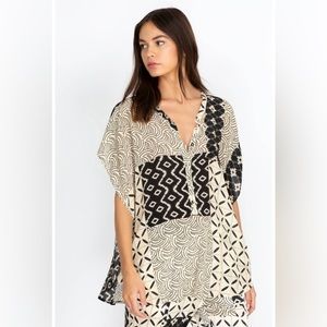 Johnny Was Tunic Top Large White Black Pete & Greta Mix Print Silk Boho